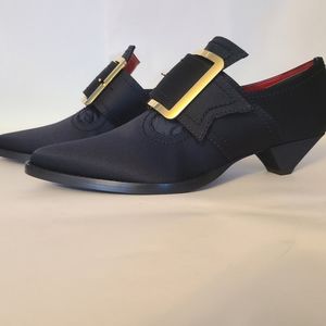 Von D Coven I Black Satin Shoes with Gold Buckles